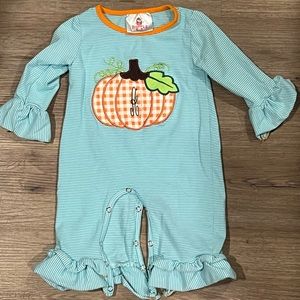 Blue and Orange Pumpkin Striped Ruffle Romper